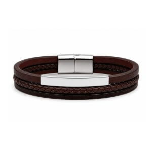 Bracelete Masculino de Couro Marrom e Aço