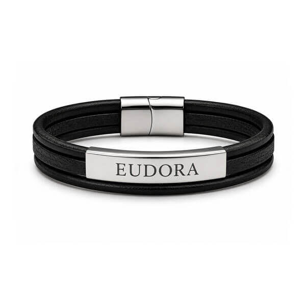 Bracelete em Metal e Couro Preto Personalizado